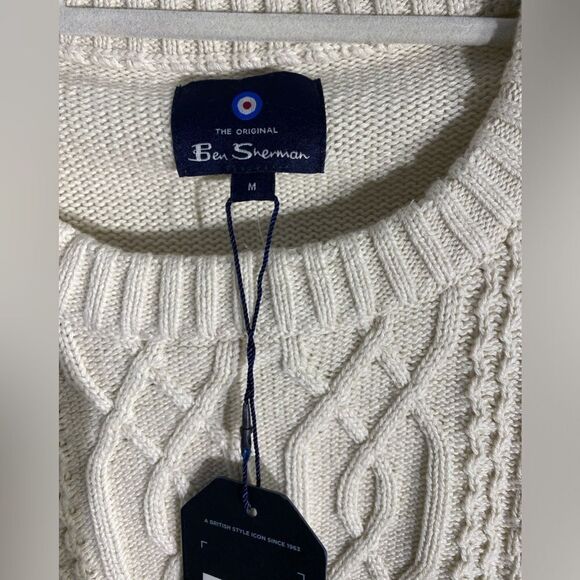 NWT Ben Sherman Men's Cable Knit Crew Neck Pullover Cream Sz M - Picture 4 of 5